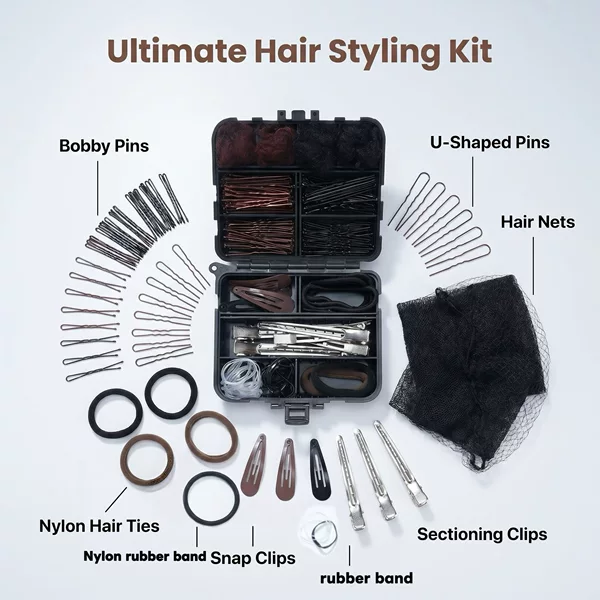 162-Piece Cross-Border Hair Styling Set Box, Black and Coffee Color U-Shaped Clips, High Elasticity Invisible Hair Nets, Bb Clips, Hair Bands, Towel Rings