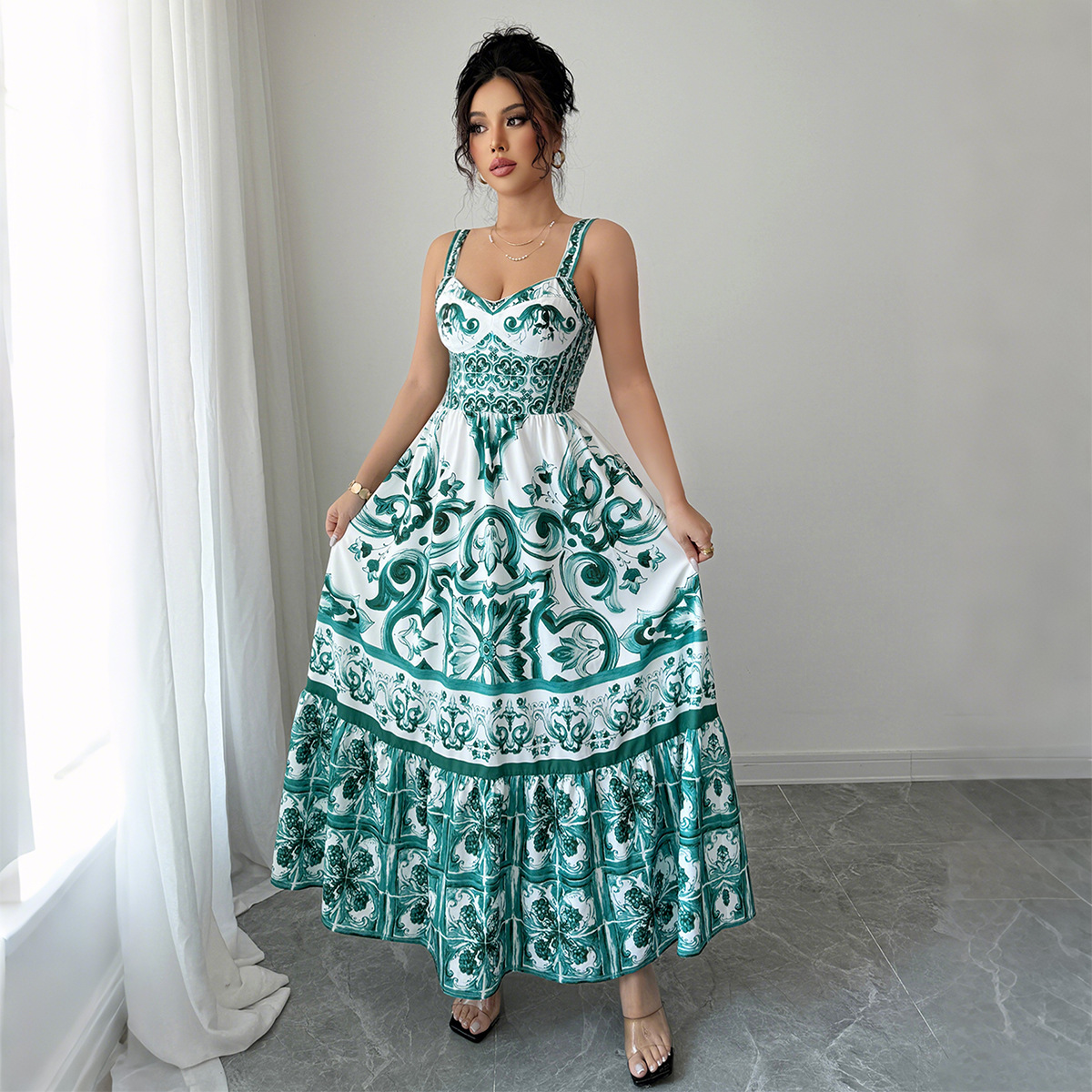 "Minimalist Cross-Back Strappy Dress For Women Style Casual Long Dress, Flowy Printed Design, Breathable Polyester, Green, S-XL"_ecoleips.com