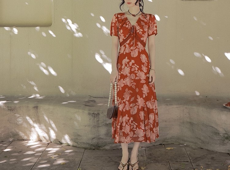 花栗鼠小姐 夏花 法式优雅气质繁花长裙女夏季显瘦氛围感连衣裙|undefined