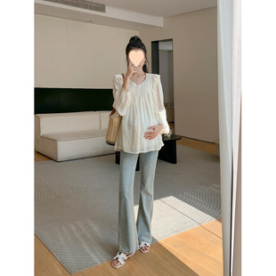 Maternity Shirt Spring and Autumn New Style Ruffled Round Neck Long Sleeve Babydoll Top Sweet Stylish Slimming Outerwear Shirt