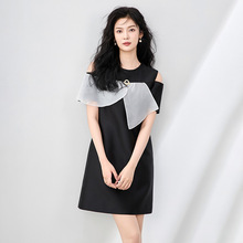 2506806-精致优雅浪漫气质真丝拼闪光缎欧根纱连衣裙女夏新款南油