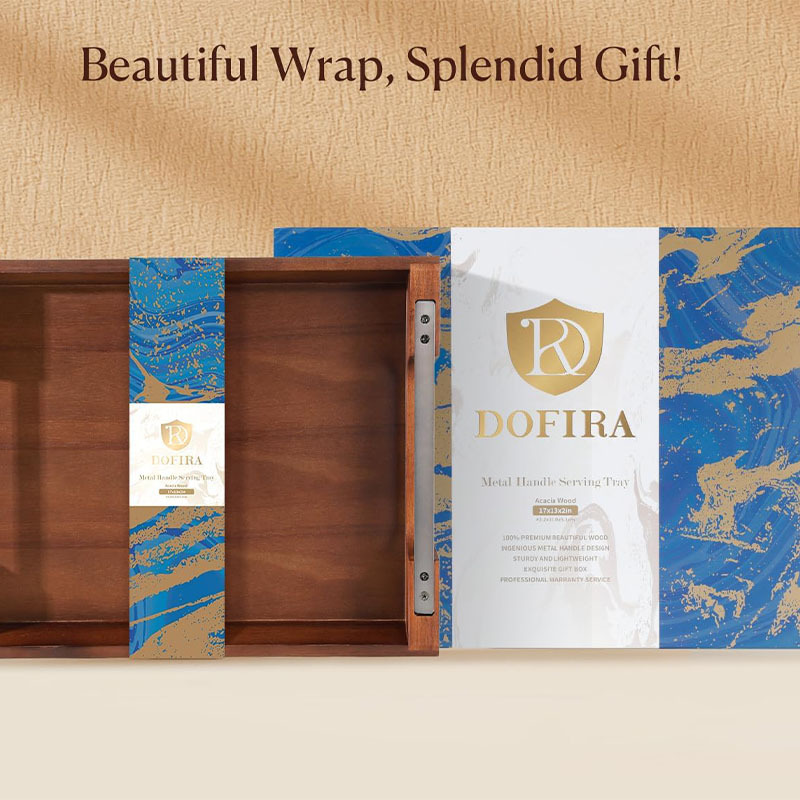 Acacia madera bandeja de metal mango bandeja de alimentos y bebidas mesa de café desayuno, cena bar bandeja de almacenamiento