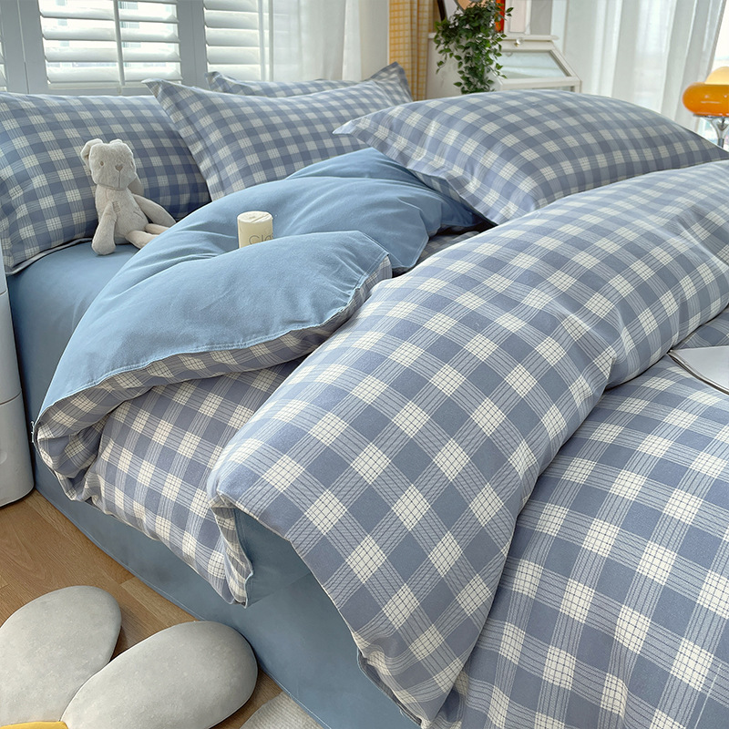 New Brushed Four-piece Set Pure Color Plaid Bed Sheets, Pillowcases, Washed Cotton Quilt Cover, Bedding Bed and Breakfast Three-piece Set