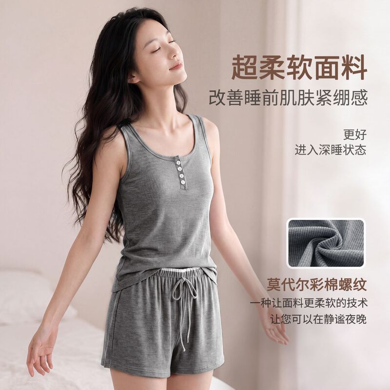 7030 Modal Colored Cotton Ribbed Vest Shorts with Chest Pads for Women Summer New Casual Home Wear Set