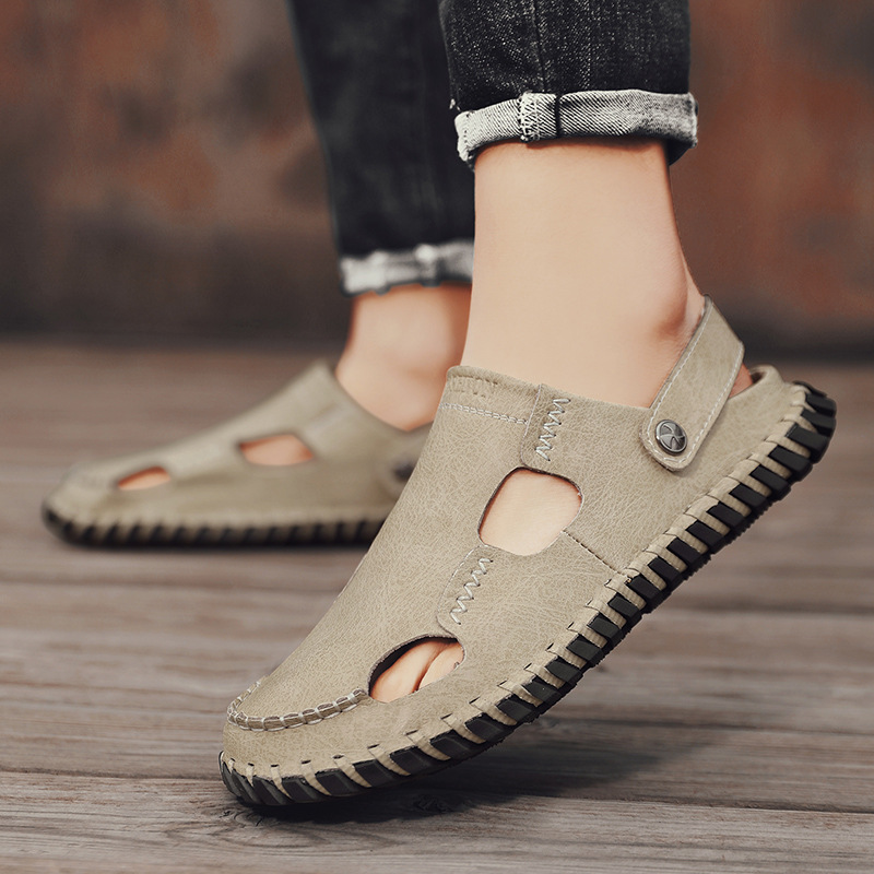 Sandalias transfronterizas más tamaño sandalias de los hombres verano nuevo al aire libre suave inferior casual estilo cerrado toe zapatos de piel de vaca de los hombres para la entrega