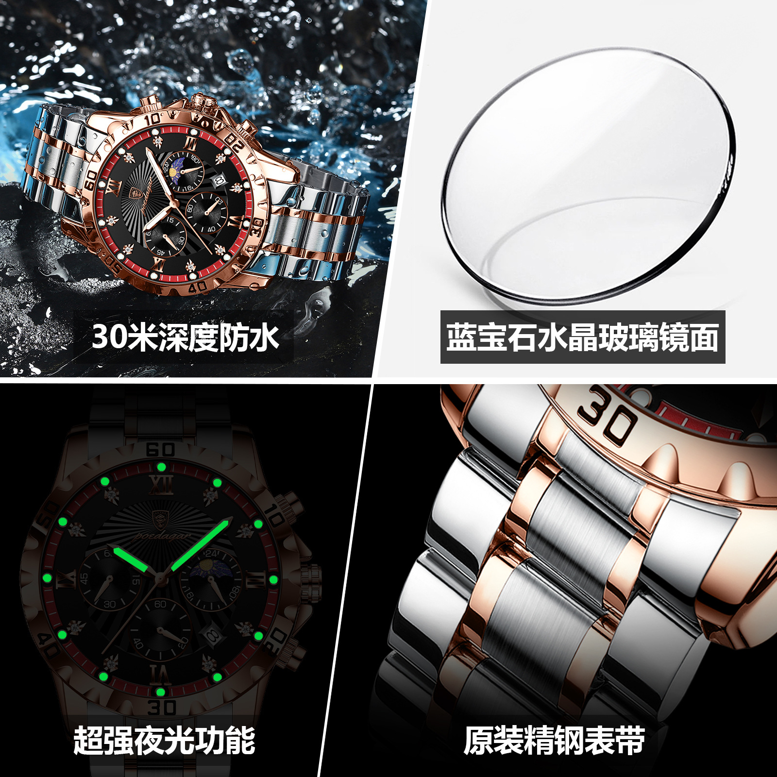Marca suiza multifuncional reloj de cuarzo para hombre moda reloj luminoso para hombre en vivo comercio exterior estilo caliente entrega de una pieza