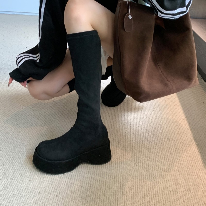 松糕厚底小个子瘦瘦长靴女鞋2025新款秋冬季绒面弹力袜靴长筒靴子|undefined