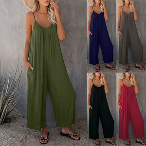 Women's trousers pure pocket loose sling jumpsuit Rompers