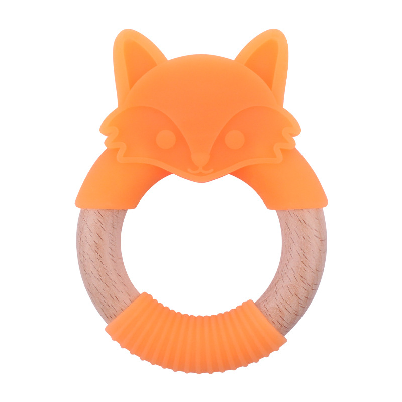 Bebé mordedor silicona animal anillo de madera mordedor Diente de dibujos animados animal Beech bebé zorro pulsera teether juguete
