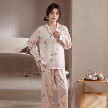 仿桑蚕丝睡衣女春秋季开衫长袖长裤套装丝绸田园风家居服现货批发