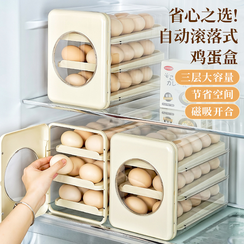 Egg storage box with side door for organizing and storing in the refrigerator, food-grade rolling egg holder, egg preservation rack