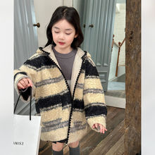 女童韩版时髦条纹毛呢大衣冬装新款中小童连帽保暖外套上衣潮