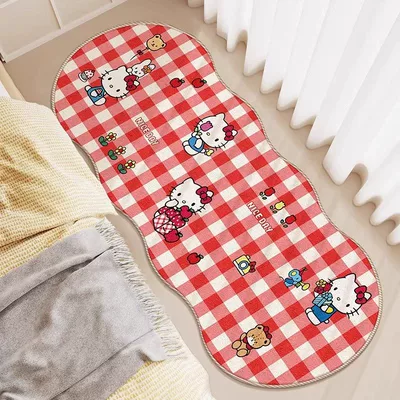 Cute and Adorable Hello Kitty Imitation Cashmere Long Rug, Wear-Resistant and Easy-Care Bedside Rug, Living Room Sofa Rug (Avtomobil döşəmə paspasları) - red-plaid-three-flower-hello-kitty-40120cm-imitation-cashmere