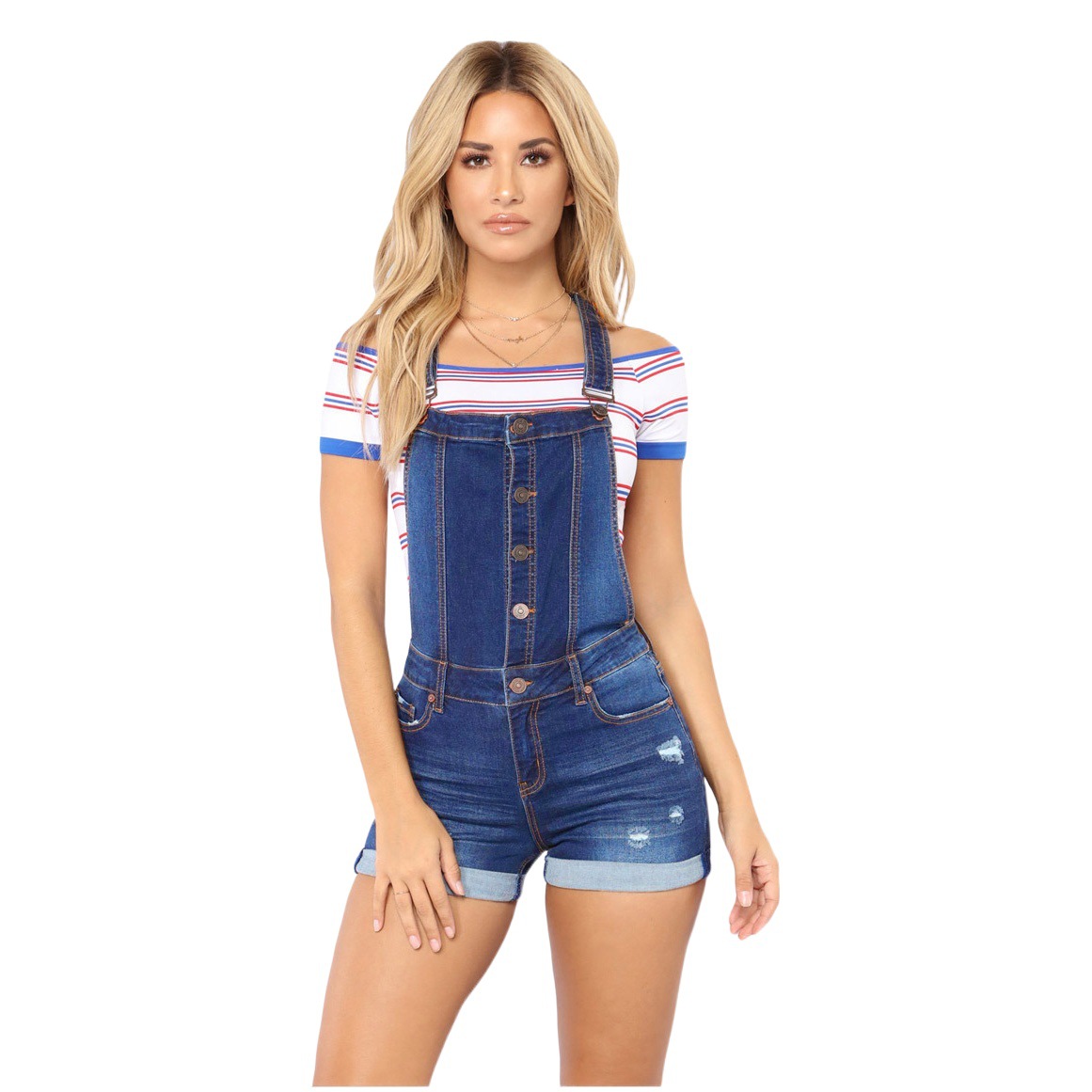 Primavera Amazon Europa y América ripped hip lifting suspender curling jeans deseo Pantalones Cortos de fábrica en las ventas Al Por Mayor