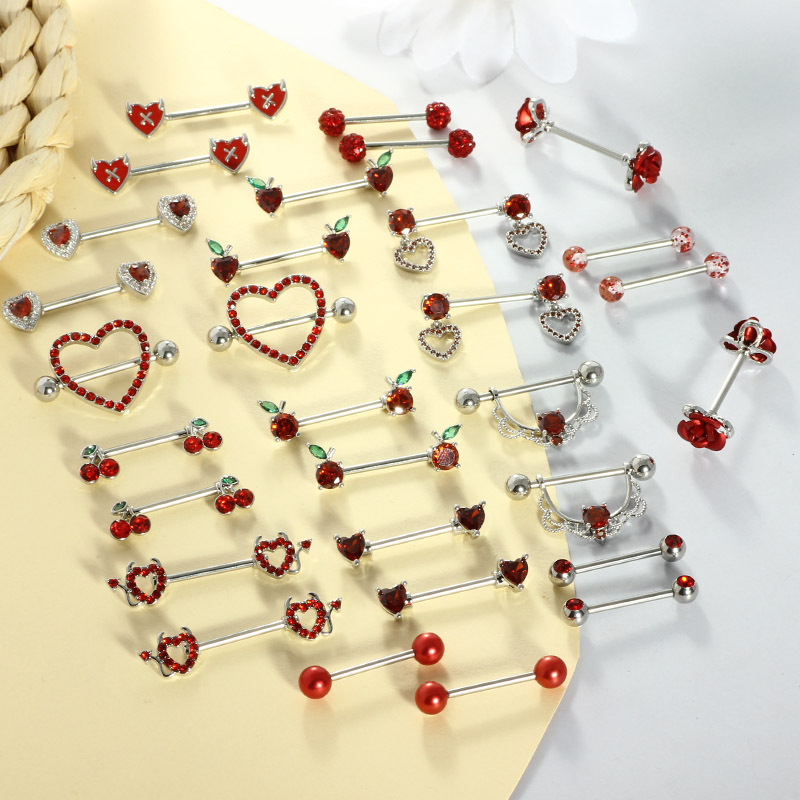 2 Pieces Stainless Steel Red Zircon Nipple Rings Creative Heart Flower Diamond-Studded Nipple Piercing Jewelry detail image 8