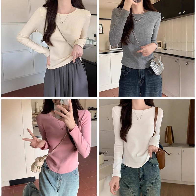 [Factory Ready Stock] Threaded Velvet Round Neck Apricot Long-Sleeved T-Shirt for Women in Autumn and Winter Slimming Look Top Fleece-Lined Bottoming Shirt