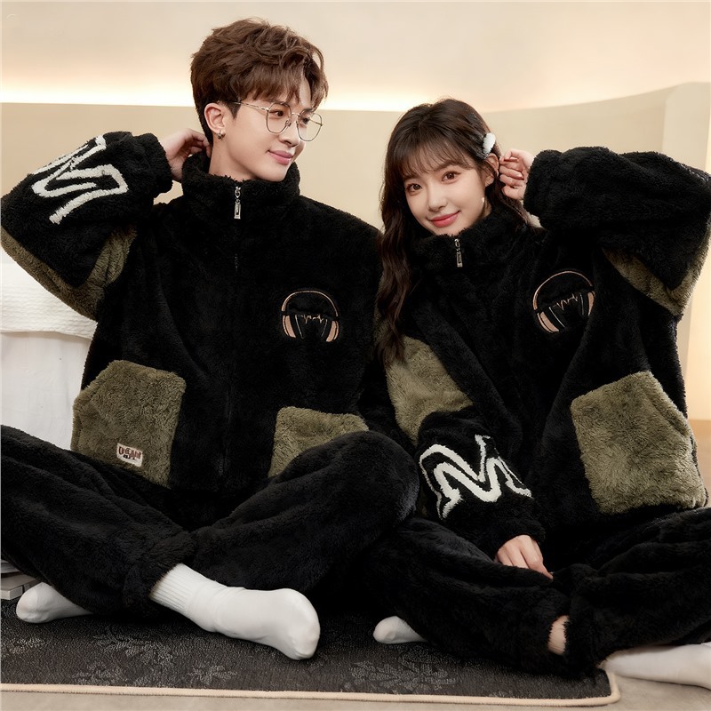 Plus Size Autumn and Winter Couple Style Coral Velvet Winter Pajamas for Boys and Girls Thickeneded Fleece-Lined Warm Flannel Home Clothes