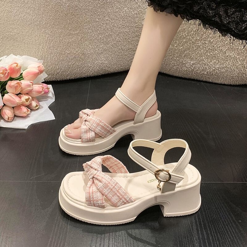 High-Heeled Sandals for Women, Petite Size, Height-Enhancing, 2025 New Summer Thick-Soled, Stunning One-Strap Fairy-Style Beach Sandals