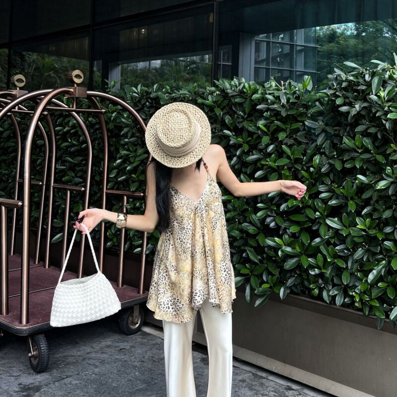 设计感不规则豹纹套装吊带露背女装夏季挂脖宽松无袖外穿辣妹上衣|undefined