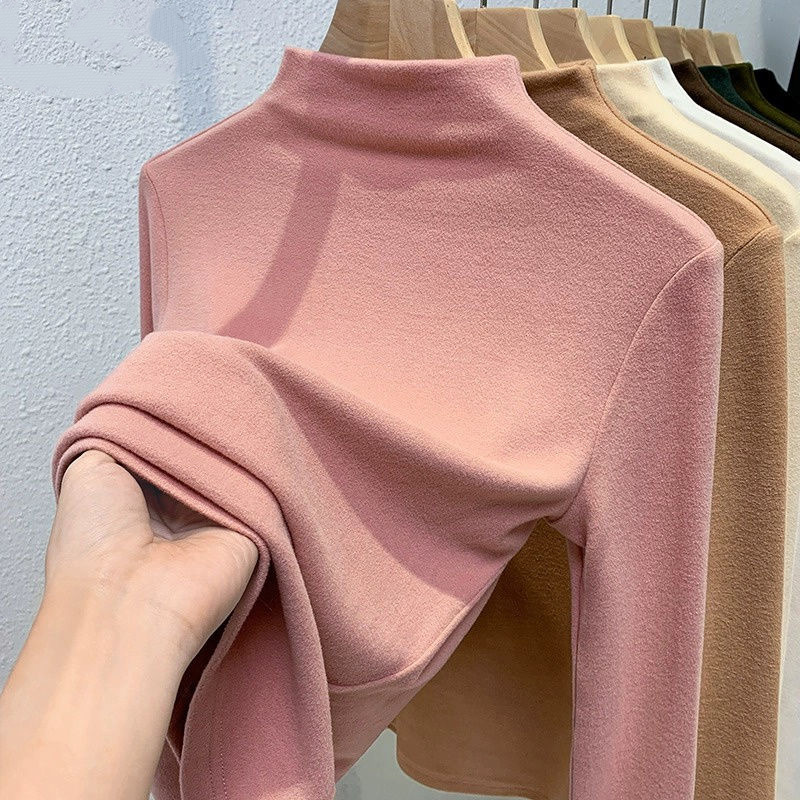 Rosado delgado de doble cara de terciopelo en una camiseta de base de terciopelo caliente y camiseta de cuello medio alto con camiseta de manga larga para mujeres