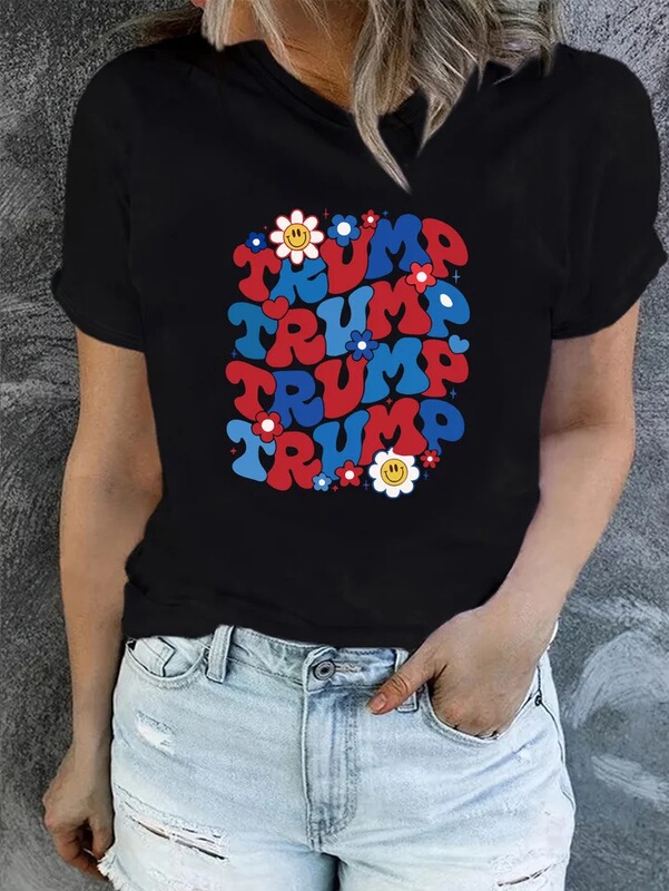 Women's Casual Polyester T-Shirt with Letter Print, Short-Sleeved Crew Neck Knit Fabric Top for Everyone