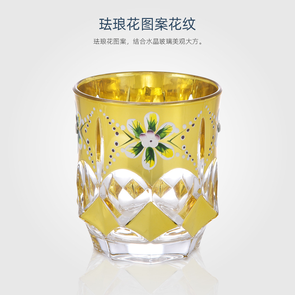 外贸出口水晶玻璃酒具 捷克真金珐琅花酒具 不规则白兰地酒具套装