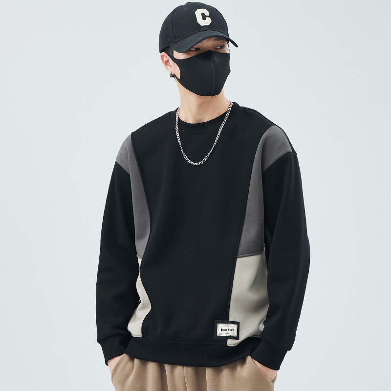 Color-Block Men's Sweatshirt 2025 Spring and Autumn Thick Round Neck Loose Versatile Winter Fleece Trendy Base Shirt Top