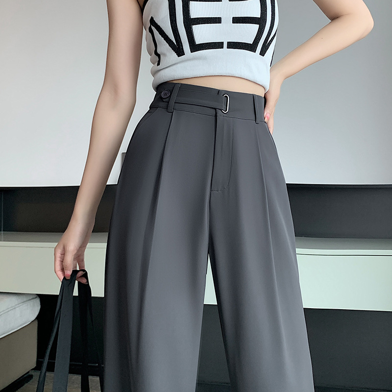 Summer Gray Small High-end Suit Pants Women's Ice Silk High Waist Straight Narrow Wide-leg Pants Draped