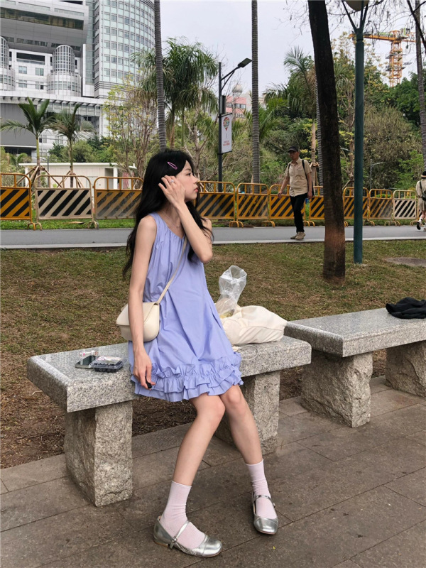 蓝色背心连衣裙女装夏季2025新款减龄小个子海边度假无袖短裙子|undefined