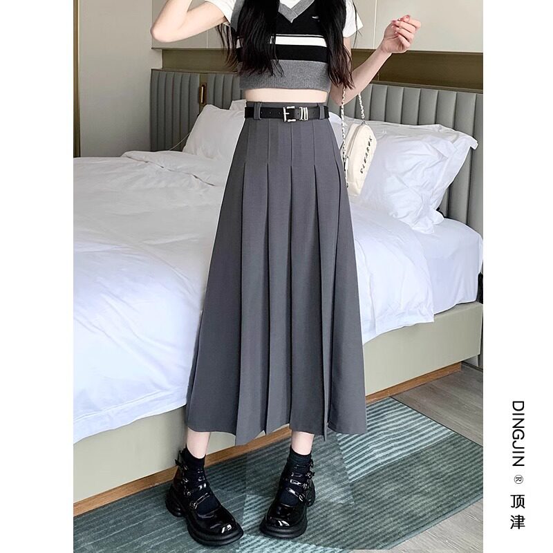Chân váy vest nữ cạp cao dáng chữ A xếp ly dài vừa — Màu xám, Màu đen