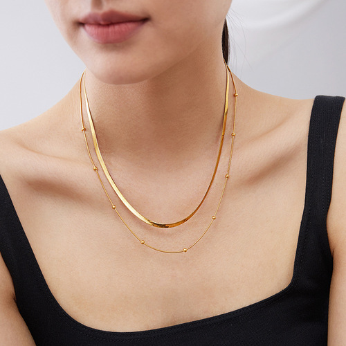Basic 2-piece set of titanium steel necklace double-layer flat snake chain personalized ins cold style necklace internet celebrity clavicle chain