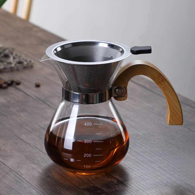 Factory in stock Glass Wood Handlebar Coffee Pot Hand-made Glass Coffee Sharing Pot Household Coffee Pot suit with Strainer