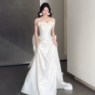 French Tube Top Light Wedding Dress Satin Fishtail High-Quality Bride 2025 New Style Evening Dress That Can Be Worn by Small People