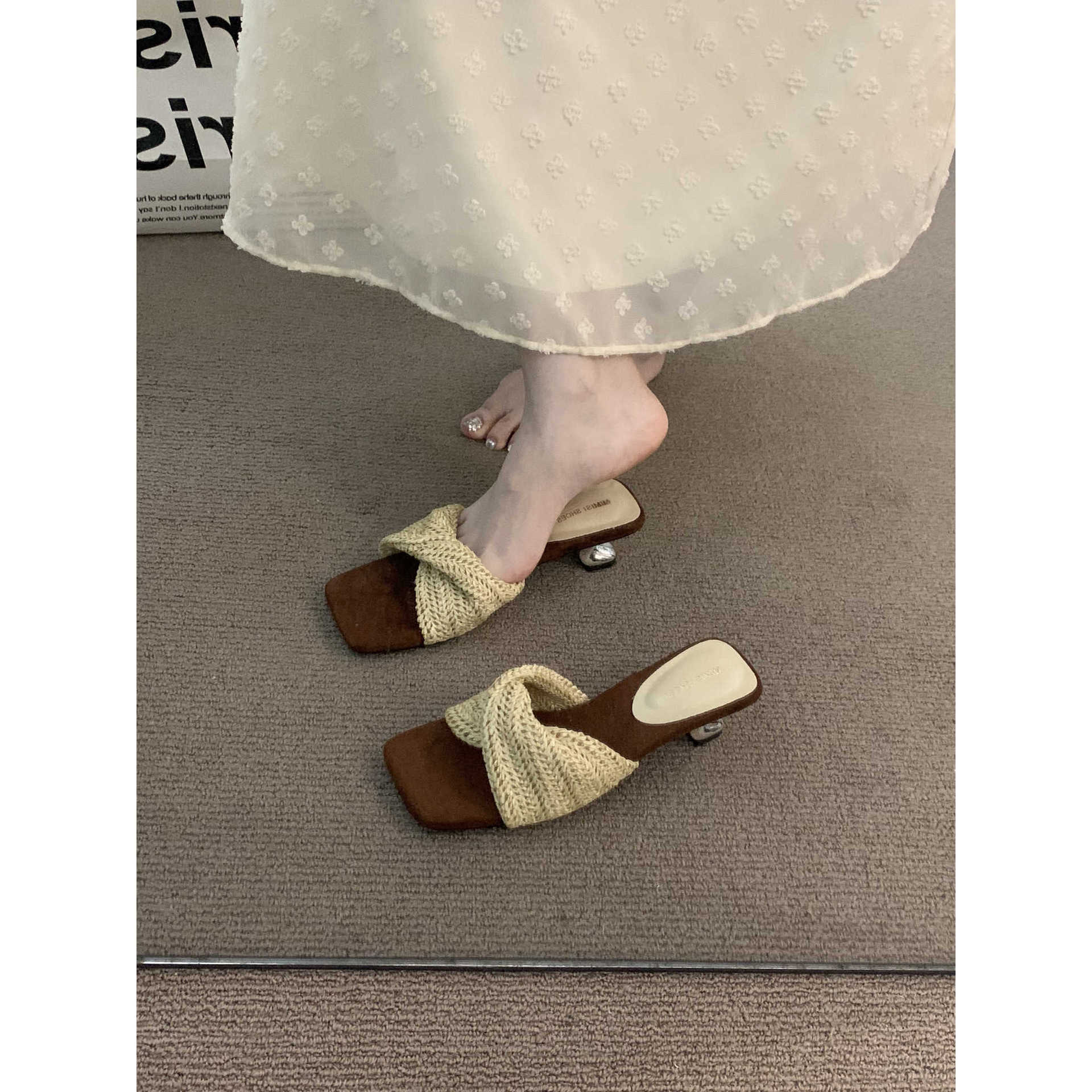 小众复古方头编织法式高跟一字拖鞋仙女鞋度假夏季配裙子凉拖凉鞋