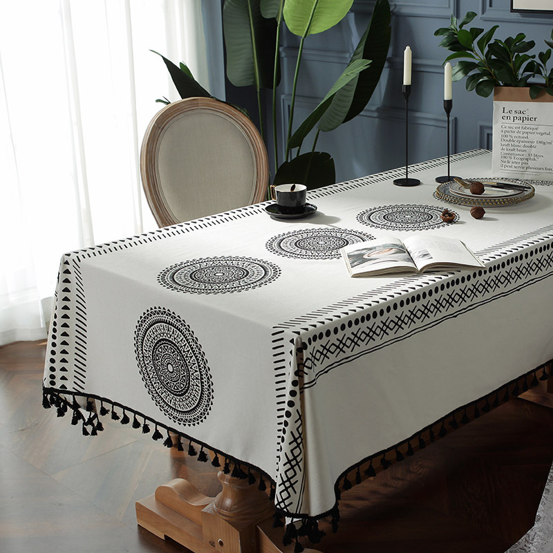 Nappe De Table Basse Rectangulaire À Imprimé Mandala Bohème Avec Gland Noir display picture 4