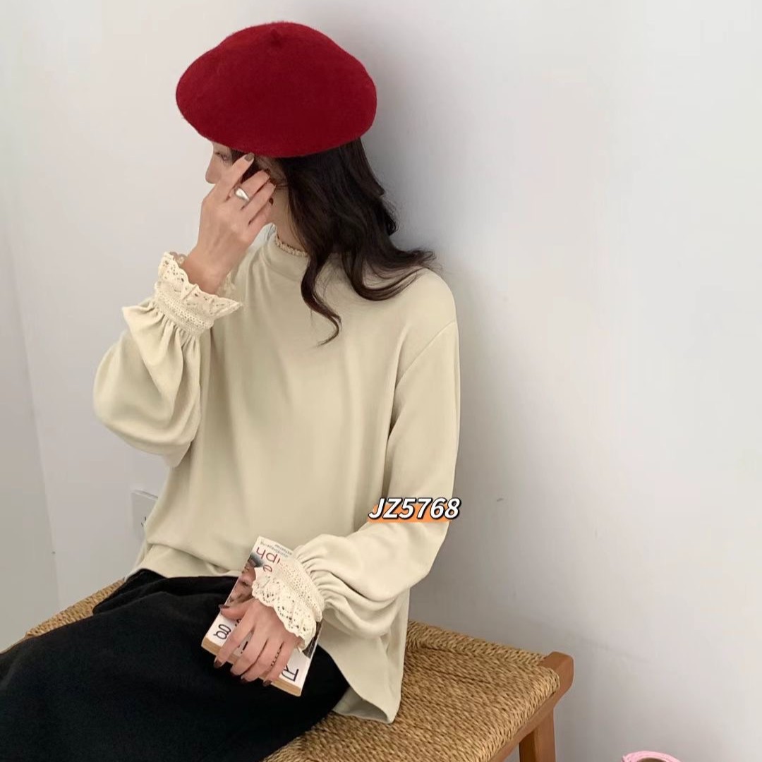 拼接蕾丝打底衫 2025冬季新款 甜美清新花边领T恤女叠穿上衣5768