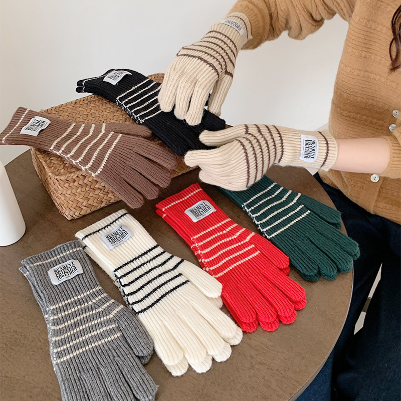 Guantes de punto a rayas coreanas personales de mujer guantes de dedo caliente pantalla táctil guantes de terciopelo ártico
