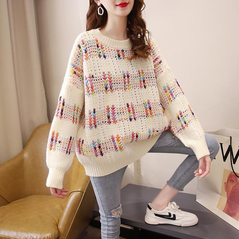 韩版温柔系奶甜慵懒毛衣女高级感彩色线拼接宽松圆领打底针织上衣