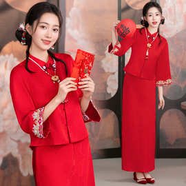 8827#敬酒服新娘新中式旗袍红色结婚订婚礼服套装秀和服出阁婚服