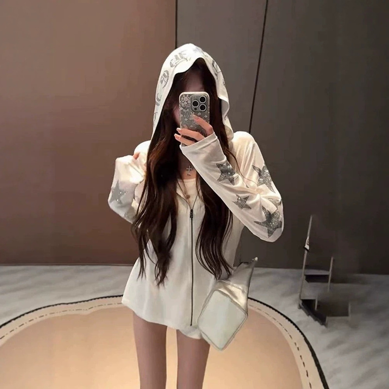Snowflake cotton star rhinestone hooded jacket, long-sleeved, thin, breathable, loose-fitting, zippered, sun-protective outerwear for summer