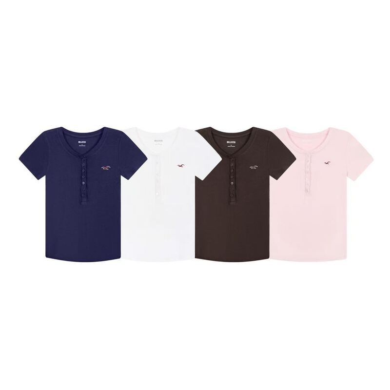 Korean trendy brand Hollister Little Seagull classic henley collar red label embroidered slim-fit short-sleeve T-shirt for women Korean trendy brand Hollister Little Seagull classic henley collar red label embroidered slim-fit short-sleeve T-shirt for women