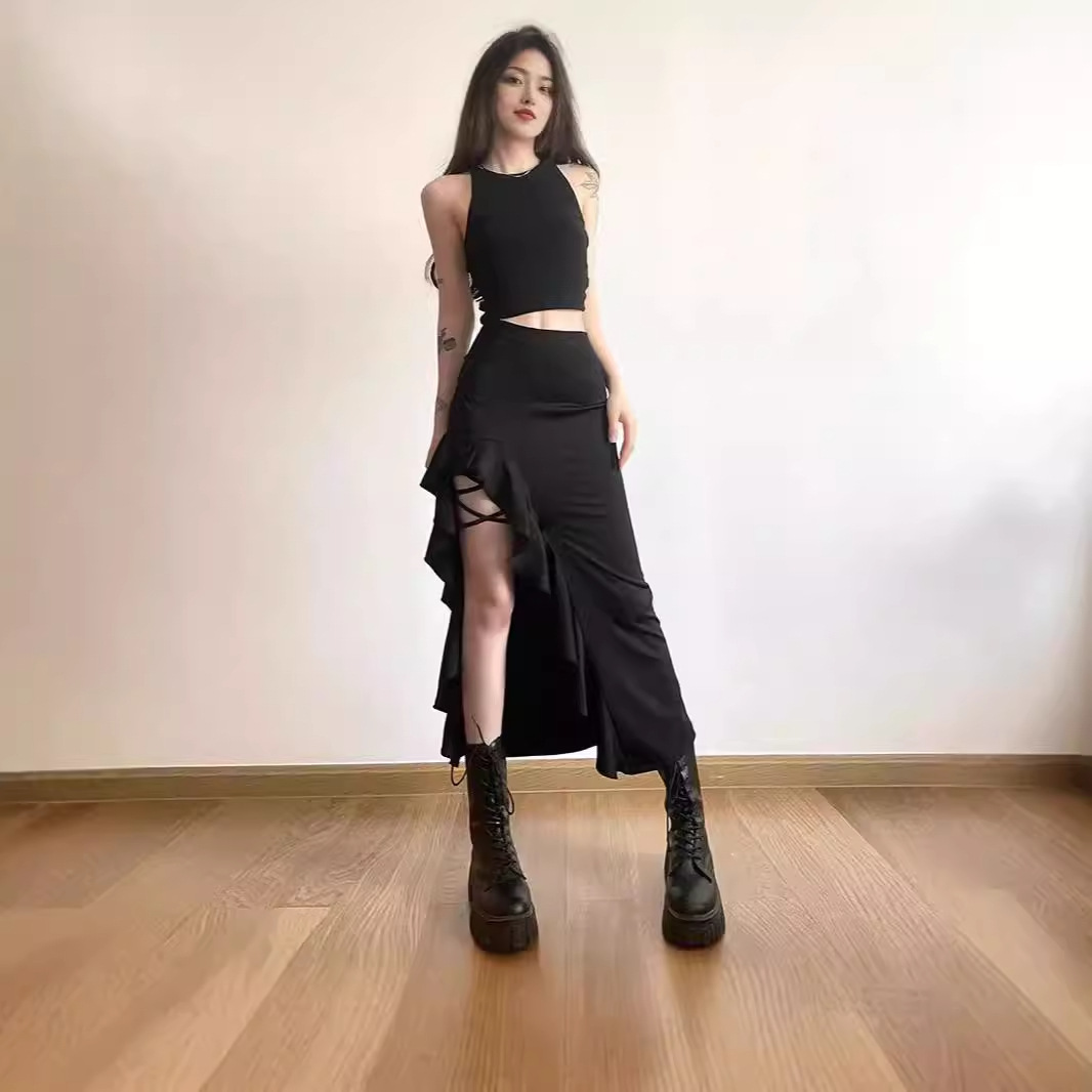 Spring, Summer and Autumn New Fashion French Sexy Irregular Strap Slit High Waist Hip High-End Skirt for Women
