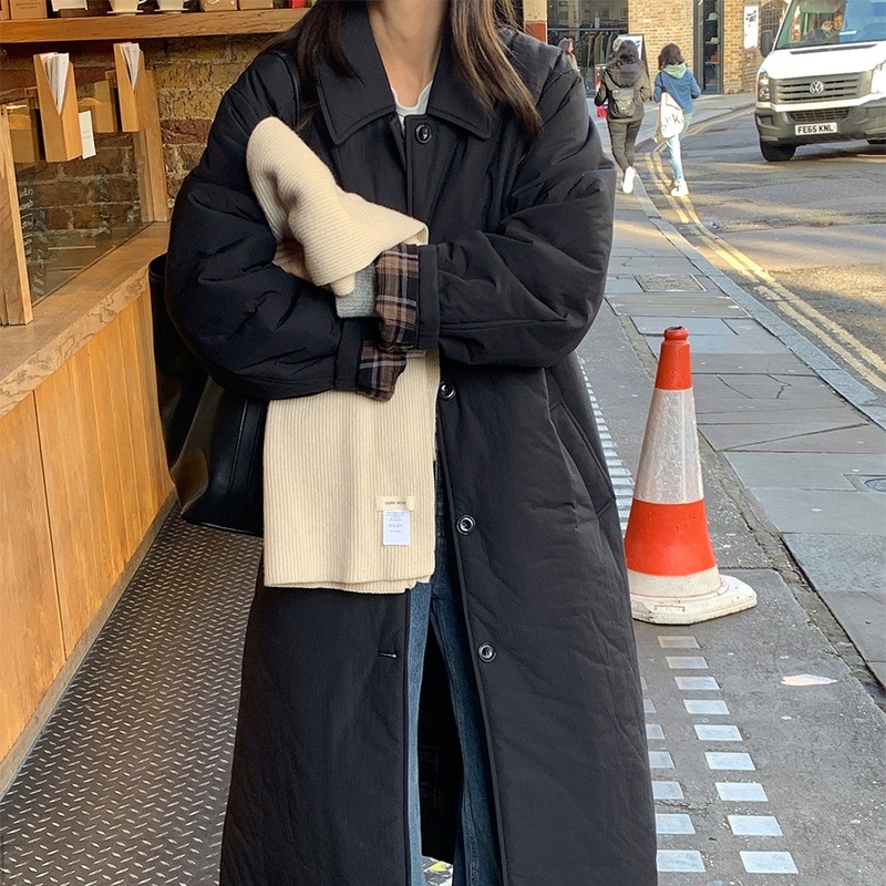 现货 感气质棉衣秋冬新款韩版宽松直筒中长过膝棉服大衣外套|undefined