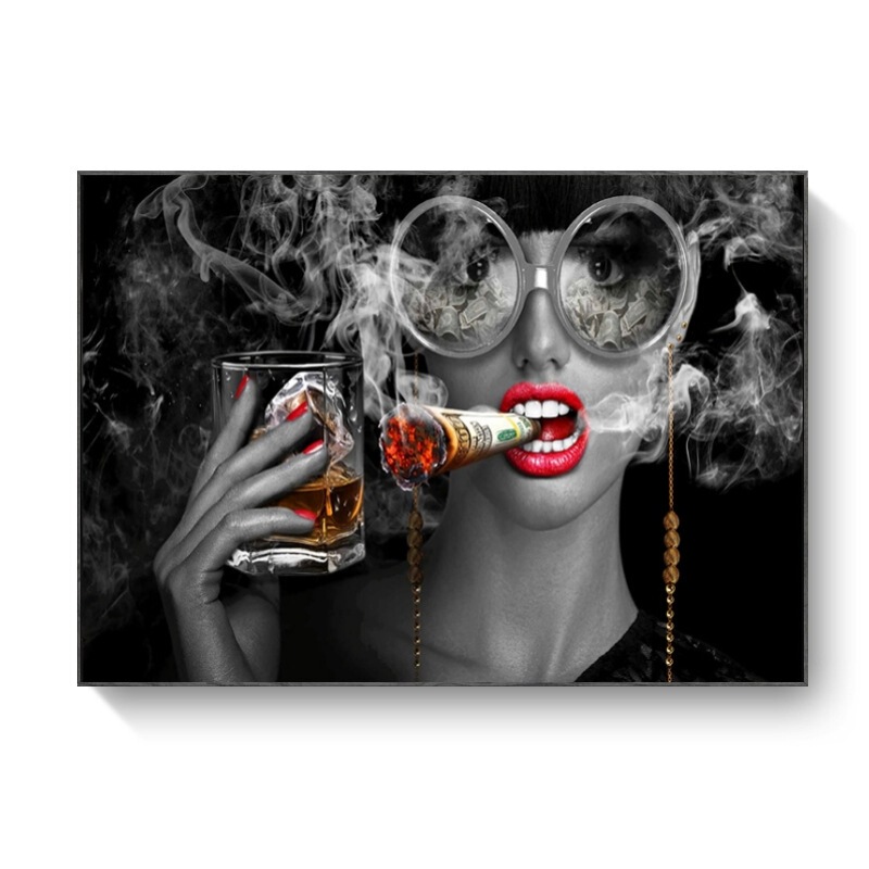 European and American beauty smoking drinking money canvas painting mural poster wall art bedroom living room modern decorative painting