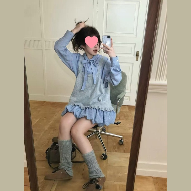 韩系复古格子蝴蝶结系带衬衫裙显瘦花苞裙女背心甜美套装秋季纽扣|undefined