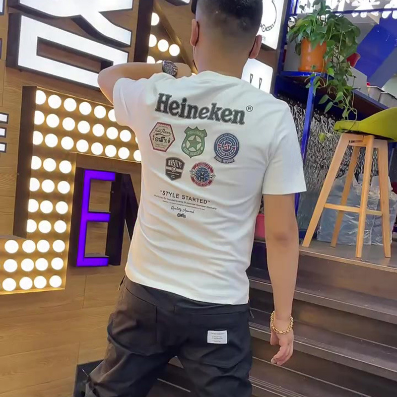 Nouveau et beau hommes rue façonnage à manches courtes à la mode marque réseau rouge T-shirt décontracté polyvalent col rond bas_voghion.com