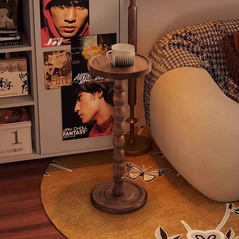 Solid Wood Side Table, Small Round Table, Retro Light Luxury Mini Sofa Coffee Table, Extremely Narrow Corner Table, Second-Hand American Storage Rack