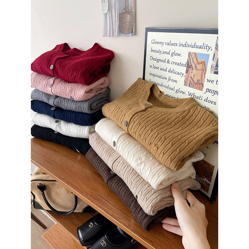Large Plate Core-spun Yarn Twist Soft Waxy Knitted Cardigan Women's Casual All-match Coat Sweater