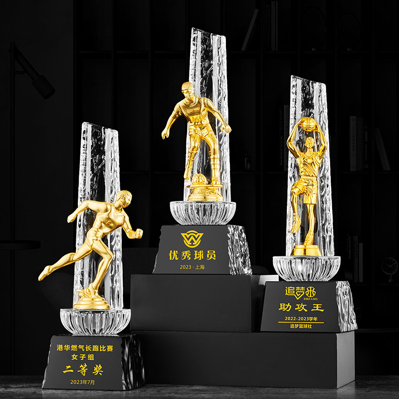 Trofeos de cristal creativos de alto nivel maratón de fútbol y baloncesto medallas de competición trofeos de metal al por mayor