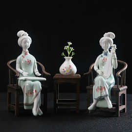 古典陶瓷人物仕女摆件德化陶瓷创意工艺品软装饰品玄关酒柜摆件